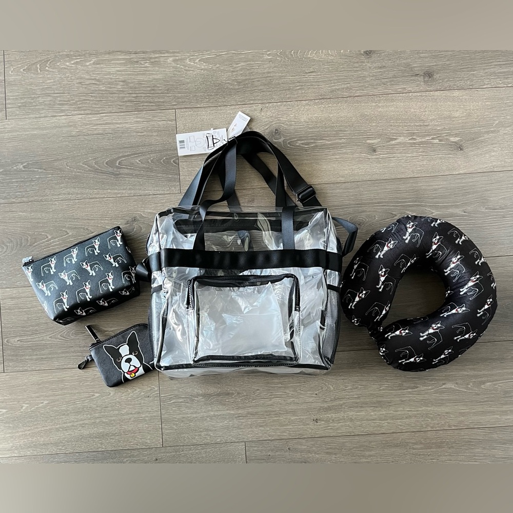 NWT Marc Tetro Frenchie Travel Bag Set. Clear travel bag, neck cushion & pouch